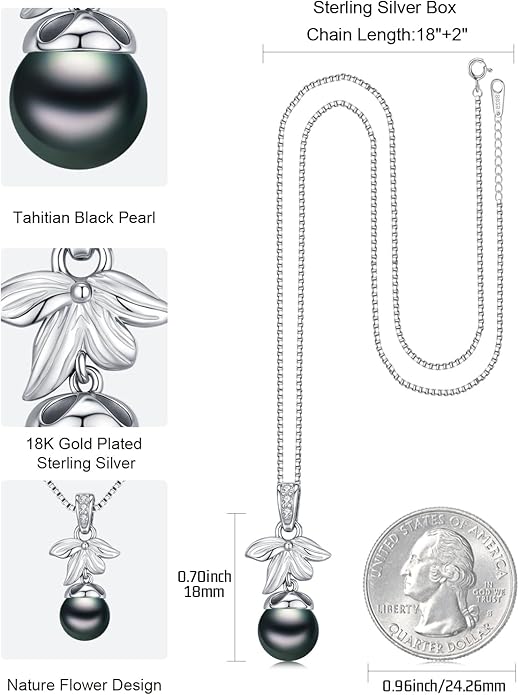 KANNSOAR Tahitian Black Pearl AAAA 18K Gold Plated Sterling Silver Trendy Pendant Necklace for Women Wife Mom Girlfriend Valentine Her Jewelry Gift for Anniversary Birthday Christmas