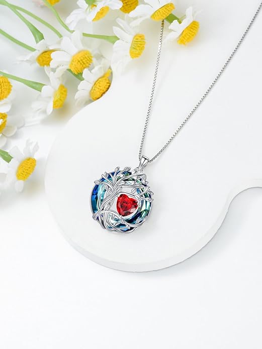 TOUPOP Tree of Life Birthstone Necklace 925 Sterling Silver Pendant Austrian Crystal Jewelry Anniversary Birthday Christmas Gifts for Women Mom Her Wife