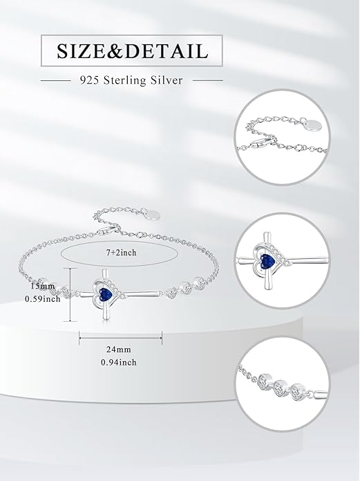 Cross Birthstone Charm Link Bracelet 925 Sterling Silver Cross Bracelet with 12 Months Birthstone Religious Christian Jewelry Gifts for Women Mom Her,Chain Length 7"+2" Extend
