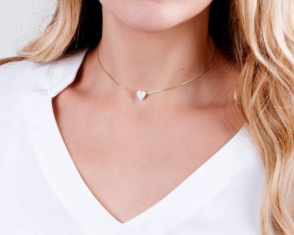 14K Gold Filled White Opal Heart SHORT Choker Necklace - Designer Handmade Necklace for women - 13.5 inch + 3 inch Extender (gold filled, white)