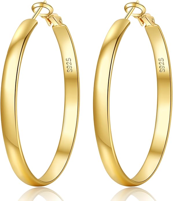 EXGOX 5mm Wide Gold Hoop Earrings for Women,Sterling Silver Hoop Earrings Large Silver Hoop Earrings Hypoallergenic Lightweight 14K Real Gold Plated Big Hoop Earrings for Women 30/40/50/60/70mm