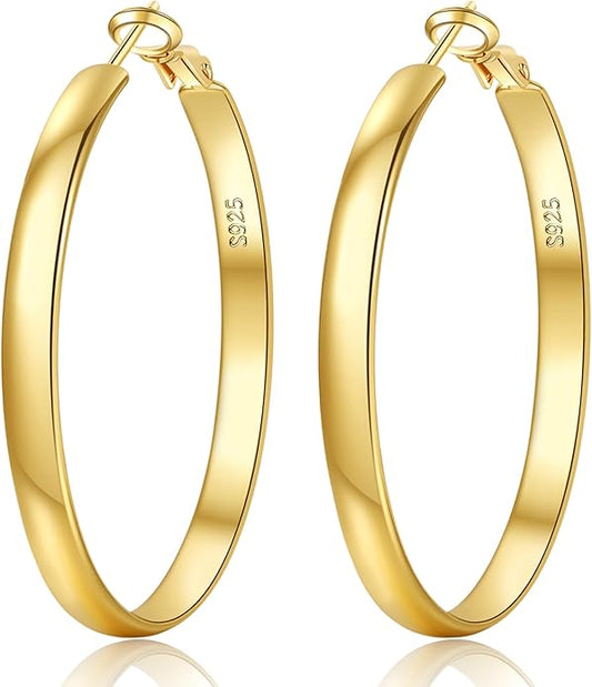 EXGOX 5mm Wide Gold Hoop Earrings for Women,Sterling Silver Hoop Earrings Large Silver Hoop Earrings Hypoallergenic Lightweight 14K Real Gold Plated Big Hoop Earrings for Women 30/40/50/60/70mm