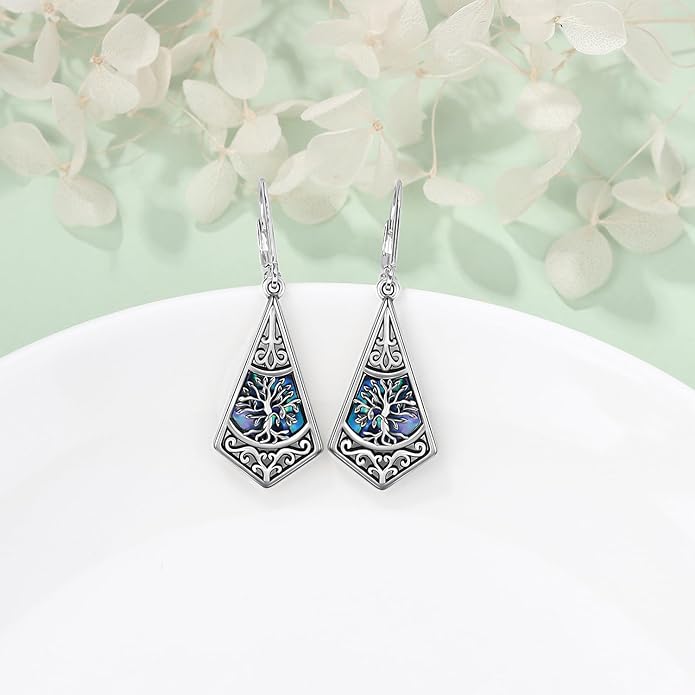 Tree of life Dangle Earrings Sterling Silver Moonstone/Turquoise/Malachite Earrings for Women Filigree Leverback Earrings Jewelry Gifts