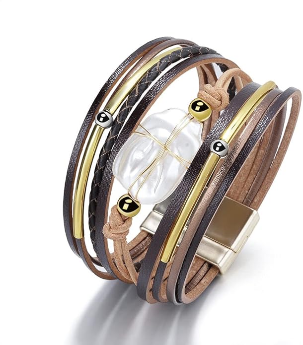 Fesciory Leather Wrap Bracelets for Women, Boho Leopard Multi-Layer Crystal Beads Cuff Bracelet Jewelry