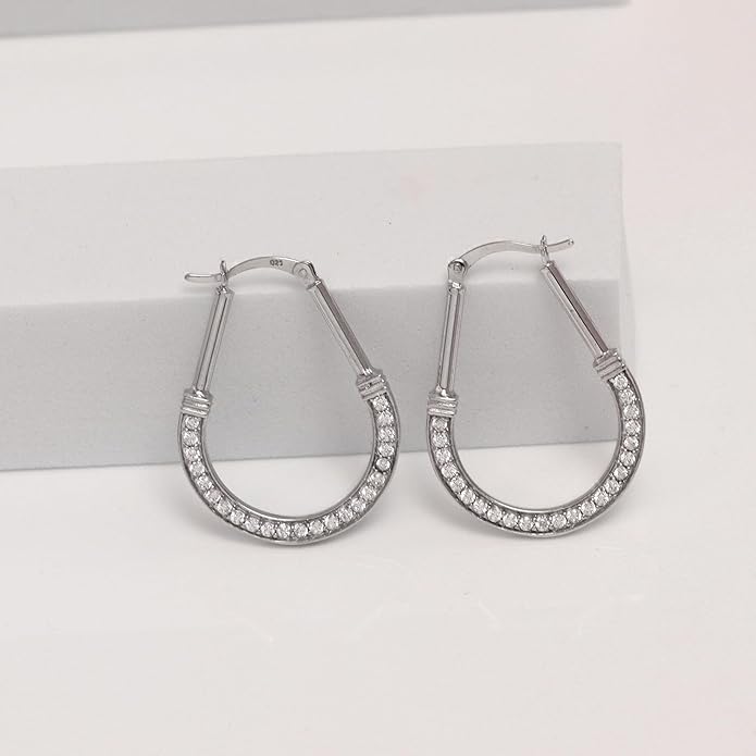 LeCalla 925 Sterling Silver Hoop Earrings | Italian Design Classic Diamond-Cut Textured Earring Hoops | Women's Drop Shape Oval Hoop Earring Jewelry for Women