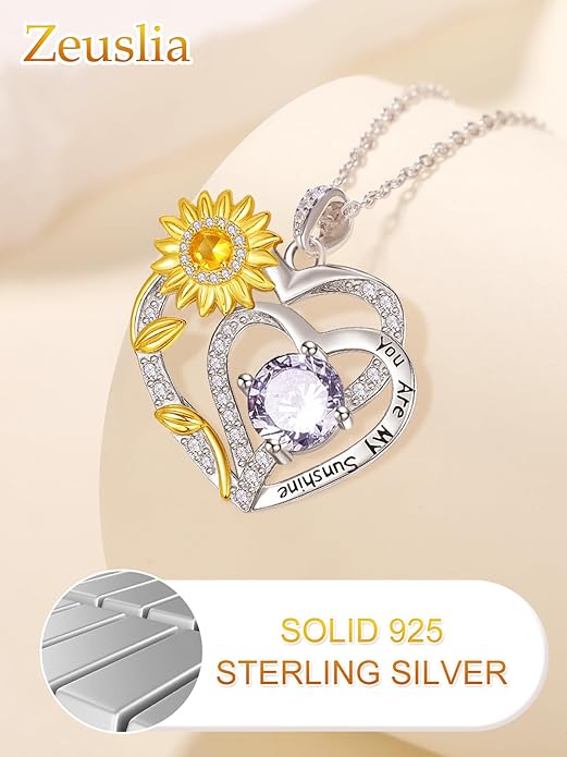 Zeuslia Double Birthstone Necklace Gifts for Wife - 925 Sterling Silver Sunflower/Rose/Crown Cross/Compass/Heart Pendant I Love You Necklace, Anniversary Birthday Gifts for Wife Girlfriend Mom Her