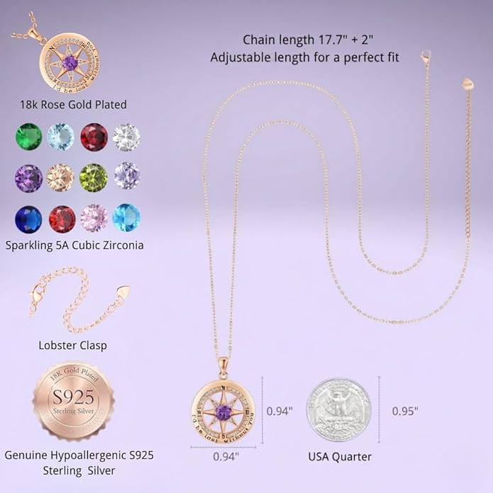 Compass Necklace for Women Wife Girlfriend Mom Daughter Gifts S925 Silver Jewelry For Anniversary Rose Gold Gifts For Birthday Christmas Mothers Valentines Day 12 Birthstones