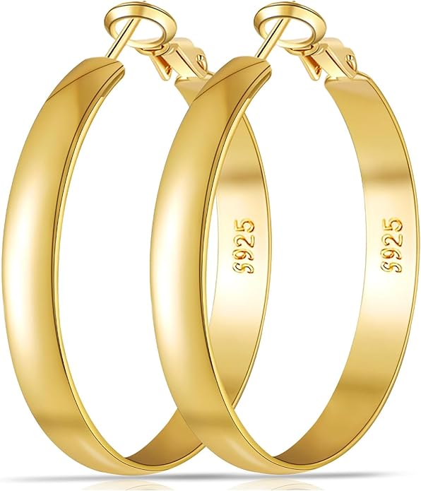 EXGOX 5mm Wide Gold Hoop Earrings for Women,Sterling Silver Hoop Earrings Large Silver Hoop Earrings Hypoallergenic Lightweight 14K Real Gold Plated Big Hoop Earrings for Women 30/40/50/60/70mm