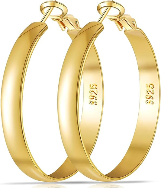 EXGOX 5mm Wide Gold Hoop Earrings for Women,Sterling Silver Hoop Earrings Large Silver Hoop Earrings Hypoallergenic Lightweight 14K Real Gold Plated Big Hoop Earrings for Women 30/40/50/60/70mm