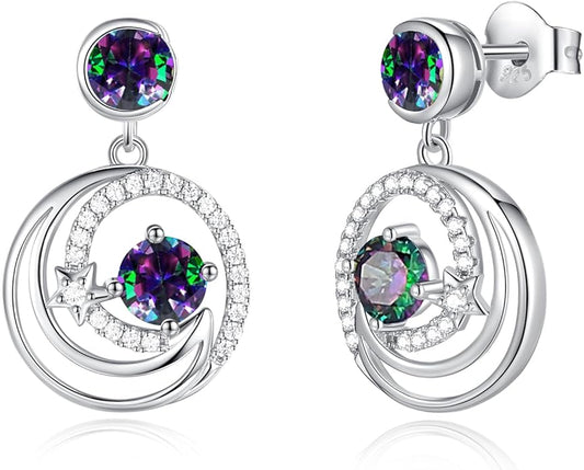 FANCIME Dangle Drop Earrings 925 Sterling Silver Moon Star Round Gemstone Birthstone Jewelry Birthday Christmas Gifts for Her Women