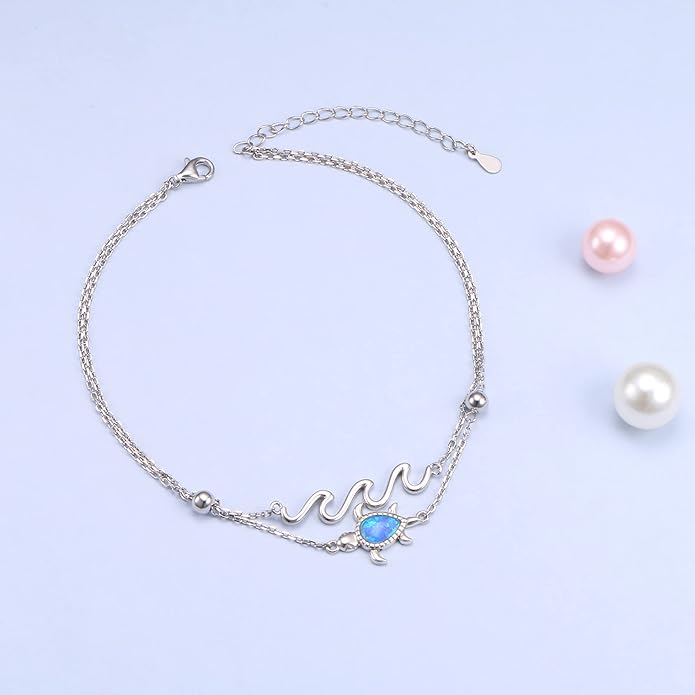 FLYOW Anklet for Women S925 Sterling Silver Adjustable Foot Beaded Heart Charm Ankle Bracelet Anklets Jewelry