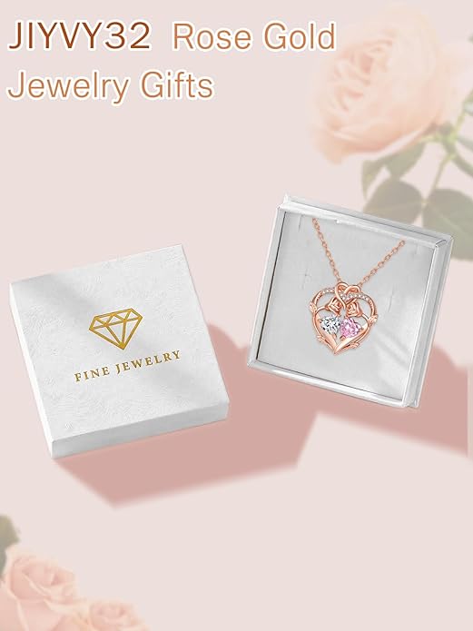 Rose Gold Necklaces for Women Double Birthstone Rose Flower Heart Pendant Necklace Jewelry Anniversary Christmas Valentine's Mother's Day Birthday Gift for Wife Mom Her Girlfriend Sister