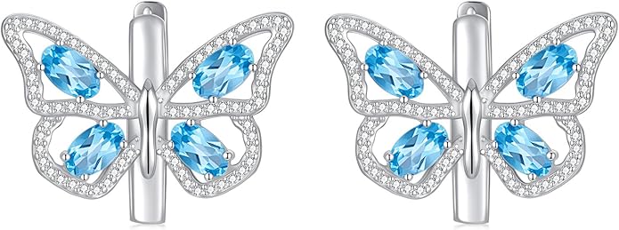 Natural Swiss Blue Topaz Butterfly Earrings 925 Sterling Silver Real Gemstone Birthstone Drop Earrings for Women Jewelry Gifts for Birthday