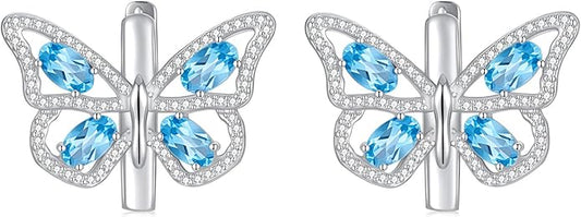 Natural Swiss Blue Topaz Butterfly Earrings 925 Sterling Silver Real Gemstone Birthstone Drop Earrings for Women Jewelry Gifts for Birthday