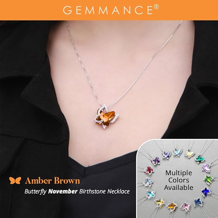 Gift Butterfly Birthstone Crystal Necklace, Silver Tone with 18”+2” Chain, Necklace for Mother’s Day Anniversary Birthday Gifts for Women and Daughter