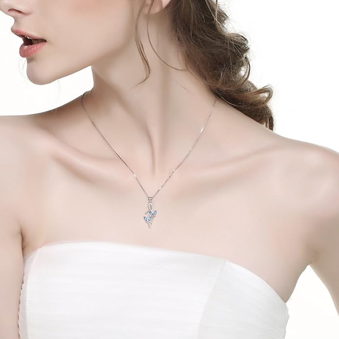 AOBOCO 925 Sterling Silver Infinity Butterfly Pendant Necklace with Birthstone Crystal from Austria, Anniversary Jewelry Gifts for Women