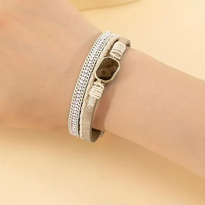 Fesciory Leopard Bracelet for Women, Boho Leather Wrap Multi-Layer Pearl Crystal Bracelet Bangle Jewelry