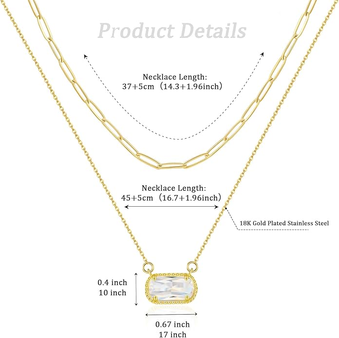 Lourny Gemstone Birthstone Pendant Layered Necklace for Women Trendy, 18K Gold Plated Paperclip Chain Preppy Choker Charm Necklace for Women Wife Jewelry