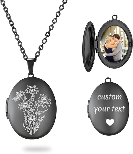 PHOCKSIN Personalized Locket Necklace for Women Photo Necklace with Customized Picture Birth Flower Birthstone New Years Gifts for Women