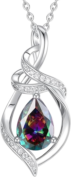 FANCIME Teardrop Gemstone Necklace for Women S925 Sterling Silver Elegant Ribbon Pendent Birthday Gifts for Her, 16"+2" Inches