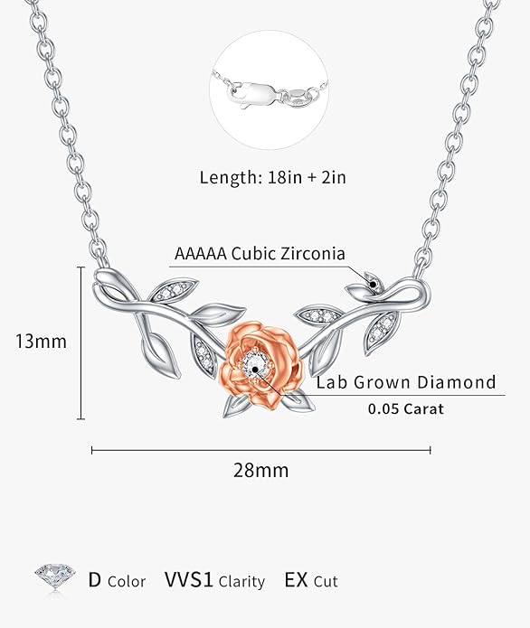 1/20 Carat Diamond Rose Necklace for Women 925 Sterling Silver Rose Flower Vine Pendant Necklaces 18K Gold Plated Fine Jewelry