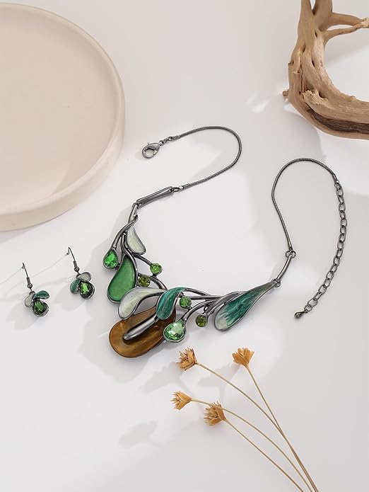 Chunky Statement Jewelry Set Vintage Retro Leaf Flower Floral Geometric Bohemian Boho Bib Necklace Earring Set Fashion Costume Jewelry for Women Girls Wedding Party Prom Unique Gift