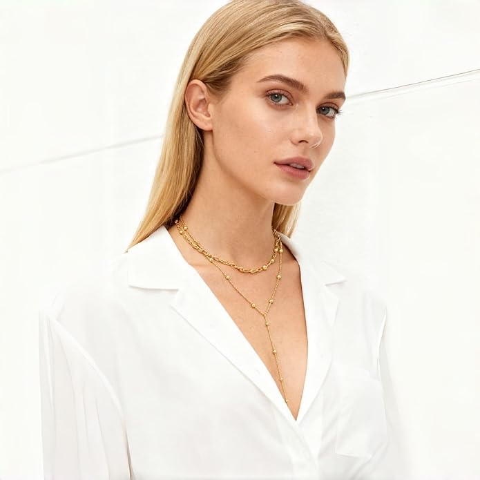 Gold Plated Long Necklace for Women, Layered Y-Shape Lariat Drop Pendant Chain with Beaded Accents, Adjustable Dainty Simple Trendy Jewelry Gift ﻿