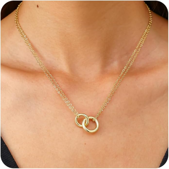 Gold Necklace for Women, Dainty 14K Gold Plated Pendant Necklaces for Women Trendy Simple Choker Chain Cubic Zirconia Circle/Interlocking/Sun Necklace Fashion Jewelry Birthday Christmas Gift