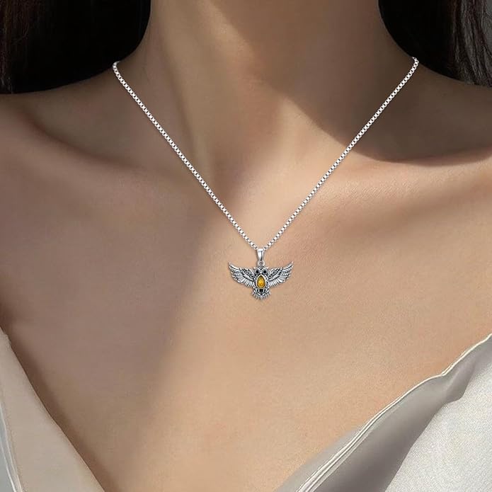 Genuine Amber Flying Hawk Eagle Necklace 925 Sterling Silver vintage Natural Gemstone Animal Wing Teardrop Jewelry for Women Eagle Lover