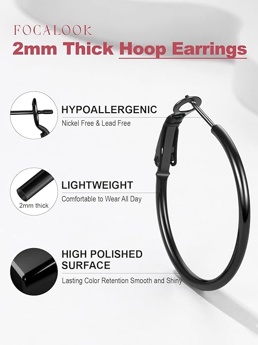 FOCALOOK 14K Gold Plated Lightweight Large Hoops| 2mm Thin Hoop Earrings for Women 30/40/50/70/100mm