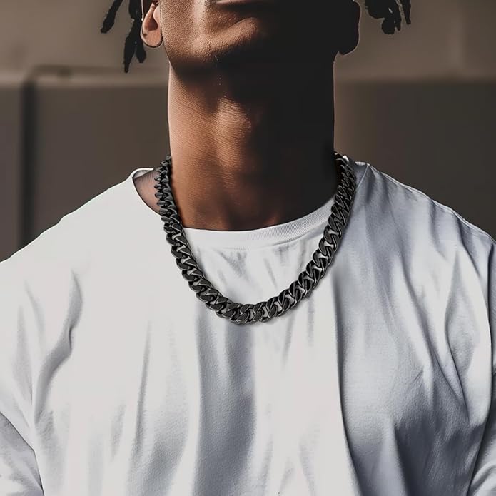 ChainsHouse Stainless Steel Mens Cuban Link Chain, Black/ 18K Gold Plated Miami Cuban Chain Necklace, 5mm/7mm/9mm/12mm/14mm Width, No Tarnish& Durable Hip Hop Mens Jewelry, 18"-30", Send Gift Box