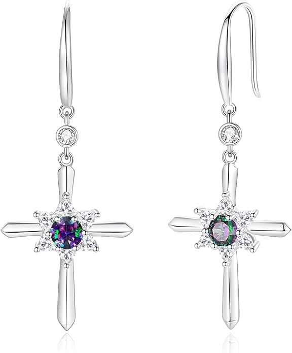 FANCIME Cross Dangle Drop Earrings 925 Sterling Silver Dainty Round Birthstone Earring Fine Jewelry Birthday Gifts for Her Women