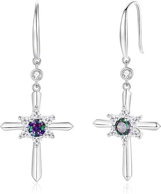 FANCIME Cross Dangle Drop Earrings 925 Sterling Silver Dainty Round Birthstone Earring Fine Jewelry Birthday Gifts for Her Women