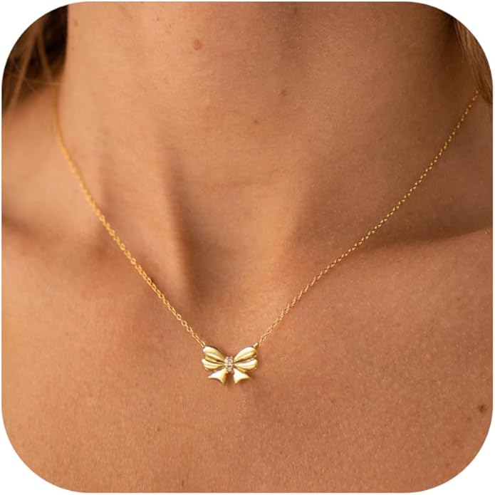 Gold Necklace for Women Dainty Bow Necklace 14K Gold Plated Cute Choker Necklace Small Bow Pendant Charm Necklaces Teen Gift Trendy Stuff Personalized Jewelry Gifts
