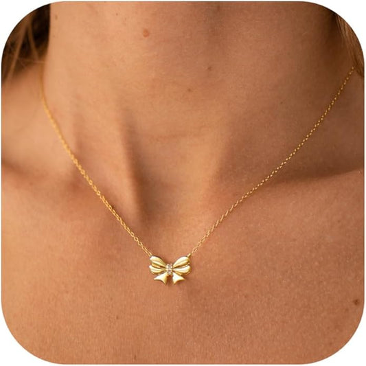 Gold Necklace for Women Dainty Bow Necklace 14K Gold Plated Cute Choker Necklace Small Bow Pendant Charm Necklaces Teen Gift Trendy Stuff Personalized Jewelry Gifts