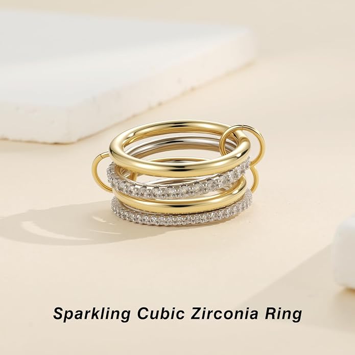 Emibele 14K Gold Plated Stackable Rings for Women, Interlocking Non Tarnish Gold Rings, Silver Dainty Cubic Zirconia Bands, Two-Toned Mixed Metal Stacking Band, Trendy Jewelry Gifts for Women