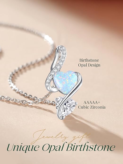 LOUISA SECRET 925 Sterling Silver Opal Birthstone Necklace, Unique Tiny Double Heart Pendant Jewelry, Engraved with "S925 I Love You" Best Birthday Gift for Women Wife Girlfriend Mom Her, Christmas Day Valentine's Day Anniversary Mother's Day