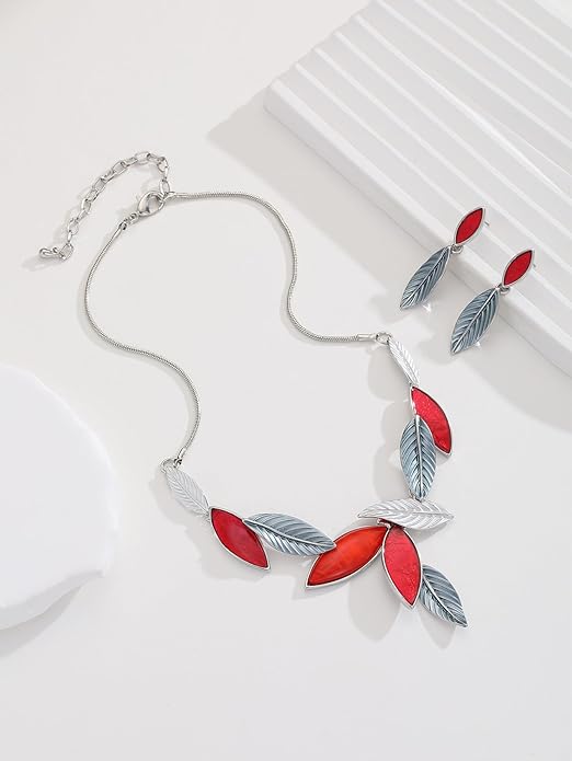 Vintage Chunky Statement Jewelry Set Retro Leaf Floral Geometric Bohemian Boho Bib Necklace Earring Set Fashion Costume Jewelry for Women Girls Wedding Party Prom Unique Gift