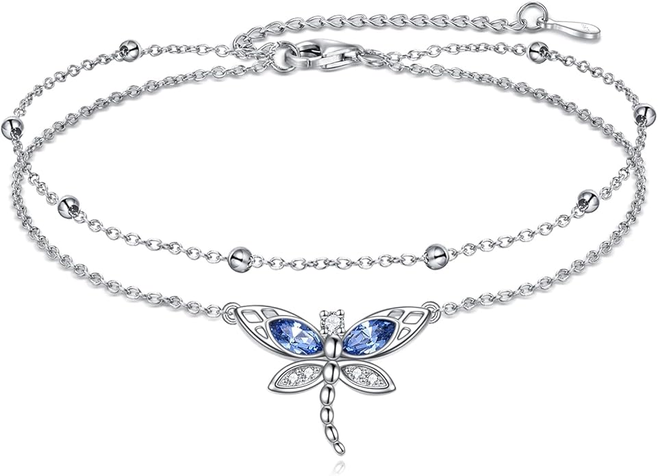 TIGER RIDER Dragonfly Anklet Sterling Silver Dragonfly Gifts Jewelry for Women with Crystal Birthday Anniversary