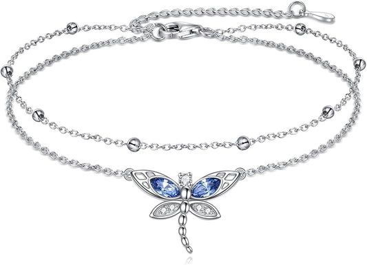 TIGER RIDER Dragonfly Anklet Sterling Silver Dragonfly Gifts Jewelry for Women with Crystal Birthday Anniversary