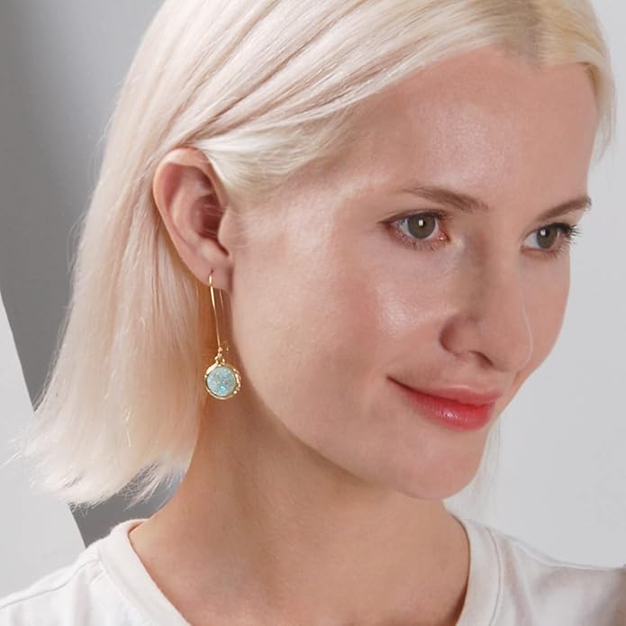 Simulated Druzy Threader Drop Earrings for Women - Gold, Silver, or Rose Gold Tone Trendy Boho Dangles with Sparkly Round Stone