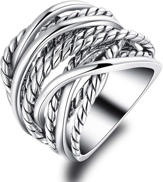 Wide Band Rings Twisted Rope Ring Two-Tone Mixed Metal Braided Statement Rings Fashion Jewelry for Women