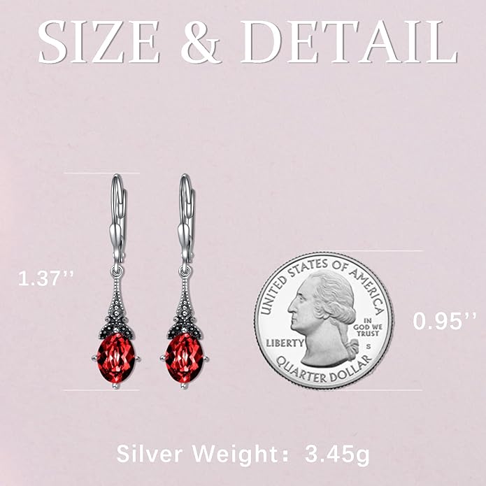 AOBOCO Vintage Earrings for Women Sterling Silver Retro Drop Dangle Leverback Earrings with 8x6mm Oval Genuine or Simulated Birthstone Crystal from Austria, Anniversary Jewelry Gifts for Her Women