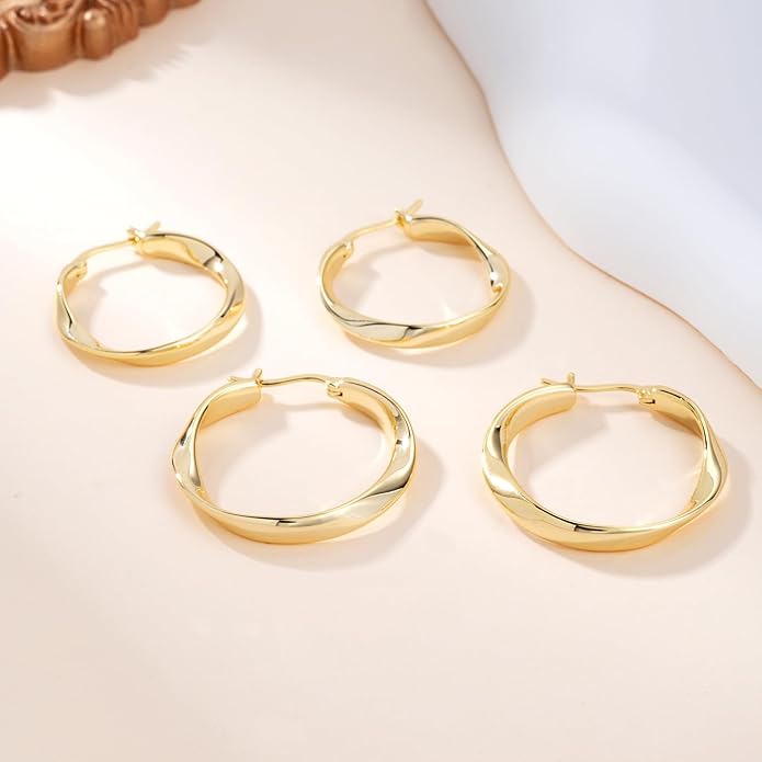 14K Gold Twisted Hoop Earrings for Women Thick Wave Gold Hoops Lightweight Hypoallergenic Elegant Jewelry 25/30MM