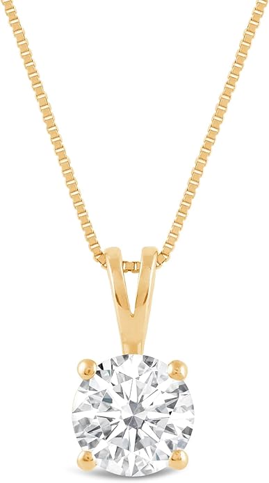 Everyday Elegance Solid 14K Gold Cubic Zirconia Solitaire Pendant Necklace for Women Heart, Princess, Round, Oval, Emerald, Pear & Cushion Cut 1 or 2 CTW | .60mm Thick 16" 18" Length Box Link Chain