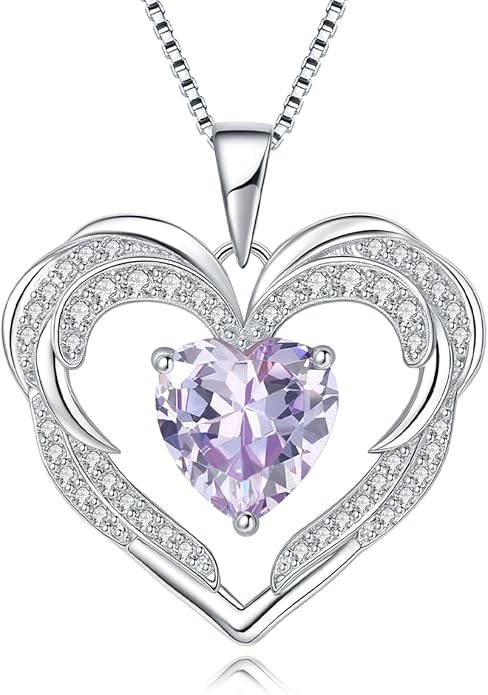 Heart Necklaces Valentine's Gift for Women, Birthstone 925 Sterling Silver Angel Wings Love Pendant Necklaces for Women, Jewelry Gifts for Wife, Anniversary, Mother's day