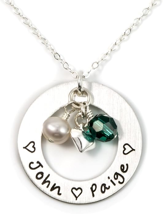 AJ's Collection Love Display with Personalized Sterling Silver Round Washer, Hand Finished. Includes up to 4 Crystal Birthstones or Pearls, and a choice of 925 Chain. Gift for Her