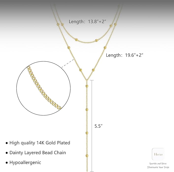 Lariat Gold Necklace for Women, Dainty Long Necklace 14k Gold Plated/Silver Y-Shaped Layered Beaded Chain Drop Necklaces for Women Trendy Simple Gold Jewelry for Women Gifts