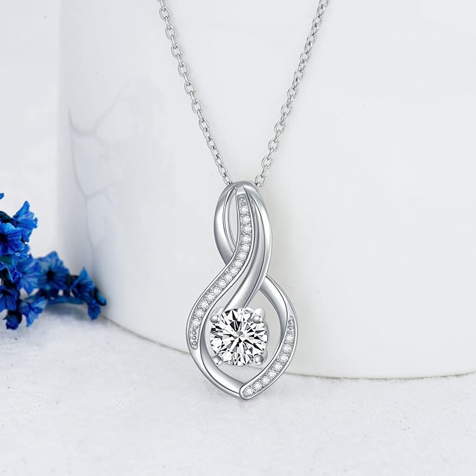 ZBA Natural Diamond Infinity Necklace for Women, 14K White Gold Plated Sterling Silver Diamond Eternal inifnity Pendant Necklaces Jewelry, Birthday Christmas Gifts for Mom Her Wife(Color F-G/Clarity I1-I2)