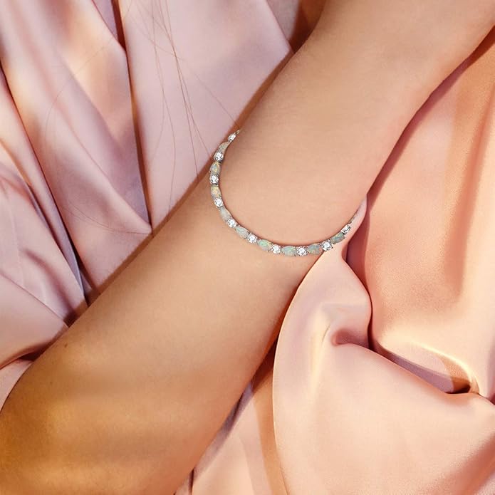 FANCIME October Birthstone Bracelets for Women Sterling Silver Created Opal Bracelet Gemstone Tennis Bracelets Dainty Charm Fine Jewelry for Women 7"